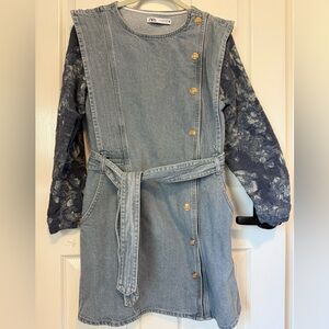 Zara Dresses | Zara Denim Floral Sleeve Wrap Dress Sz M | Color: Blue |